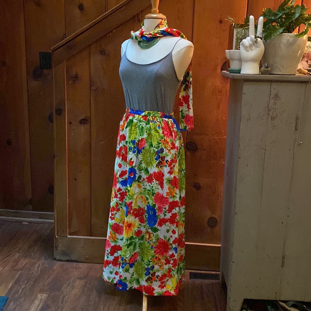 Vintage Handmade Bright Floral Maxi Skirt with Belt - Picture 2 of 7